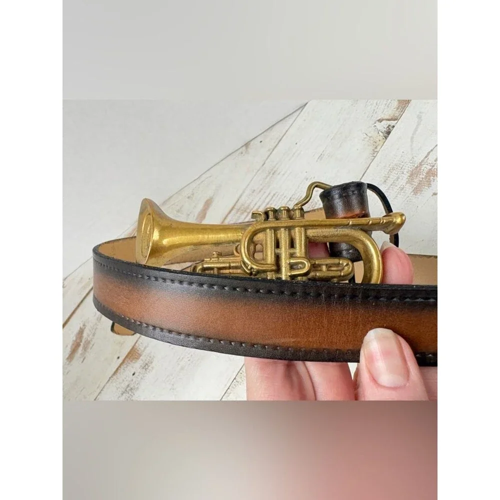 Vintage 70s leather belt Baron solid Brass Buckle cornet trumpet music band 34